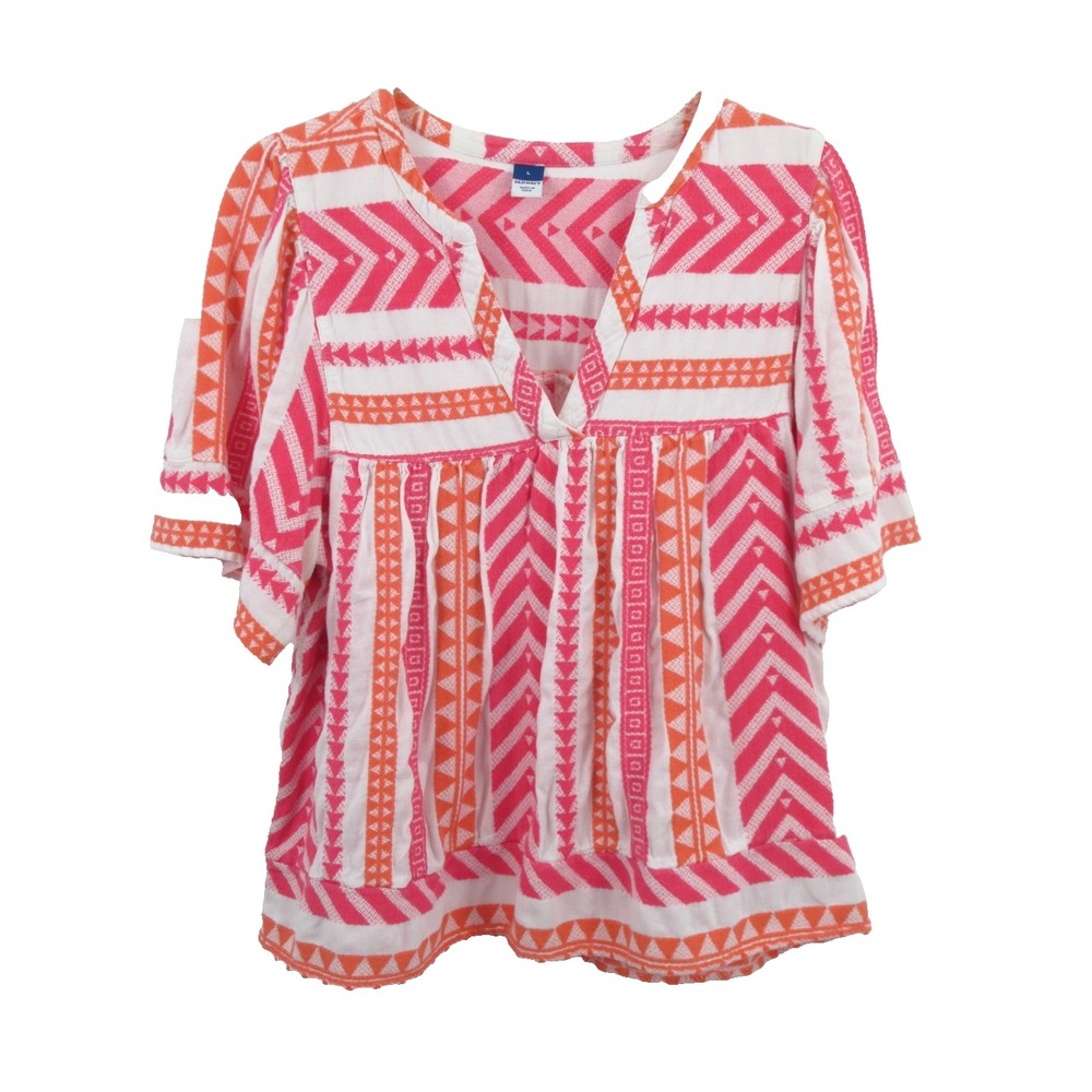 Old Navy Pullover Tunic Baja Top Womens L Pink Orange Aztec Southwest Geometric
